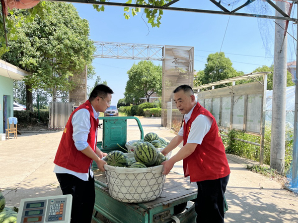 志愿者幫助瓜農(nóng)搬運(yùn)西瓜。江都煙草供圖